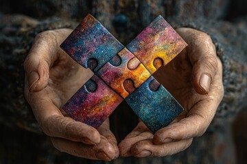Hands Holding Colorful Autism Awareness Ribbon Puzzle Piece