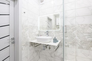 interior apartment room bathroom, sink, decorative elements, toilet