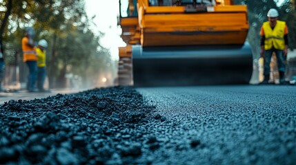 Road resurfacing operation with workers and machinery.