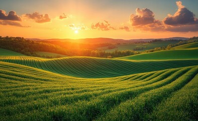 Obraz premium Serene Sunset Over Rolling Green Fields in Tuscany Countryside