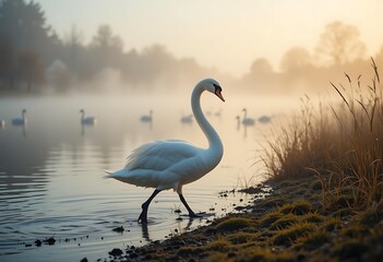 Fototapeta premium Elegant Swans Walk Gracefully in the Land of Wild Nature