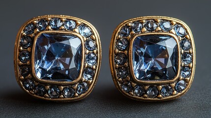 Elegant Blue Gemstone Earrings: A Pair of Exquisite Gold-Framed Earrings with Sparkling Blue Gems