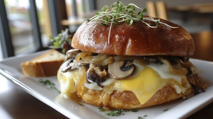 Gourmet hamburger with caramelized onions, bacon, and artisanal cheese on a brioche bun - close-up restaurant classic