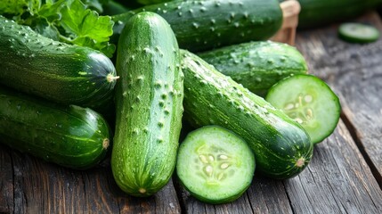 A bunch of cucumbers are sitting on a wooden table
