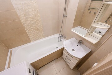 interior apartment room bathroom, sink, decorative elements, toilet