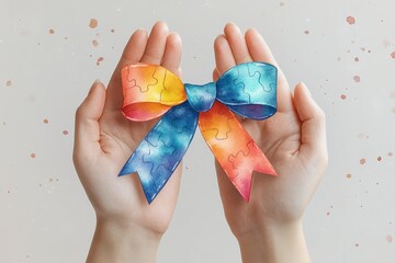 Hands Holding Colorful Puzzle Ribbons for Autism Awareness