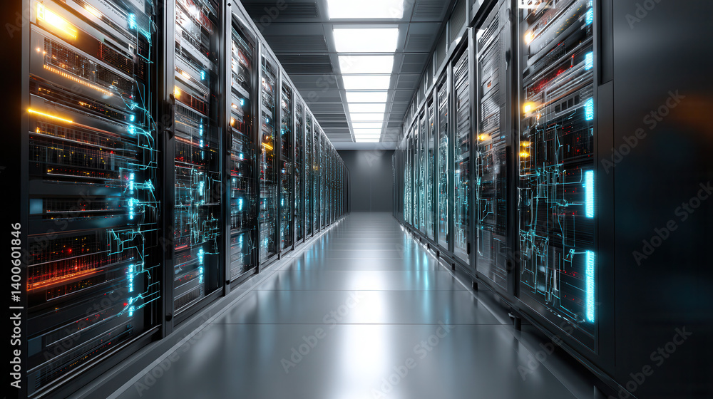 Poster futuristic server room with glowing lights and high performance computing equipment, showcasing adva