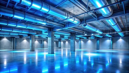Obraz premium An expansive, high-ceilinged concrete space with exposed ductwork and pipes, lit by a series of bright blue LED lights, casting an eerie glow on the floor , studio setting, pipes