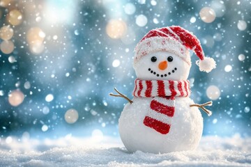 Fototapeta premium Snowman with hat and scarf in a snowy winter wonderland scene