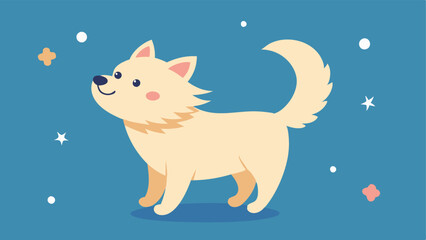 Excited Pup with Tail Wagging A vector illustration of a small fluffy dog standing on its hind legs tongue out in a joyful expression. The tail is raised high and curved surrounded