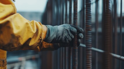 Construction worker tightening bolts on a steel frame. Featuring precision and structural stability