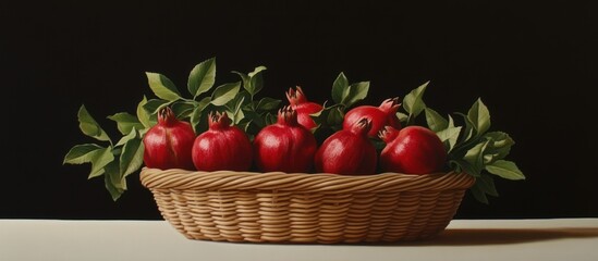 Elegant still life featuring pomegranates and foliage in a woven basket