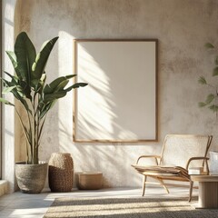 Rustic, modern interior with natural light and neutral tones.  A blank canvas framed by a wooden frame is the focal point in a room decorated with plants, wicker, and warm tones