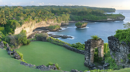 Fototapeta premium Lush Green Coastal Landscape With Ocean Views and Ancient Stone Ruins Featuring Tropical Foliage and Calm Waters Under a Bright Sunny Sky