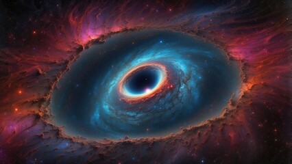 A dark black hole surrounded by a fiery, glowing accretion disk in space.