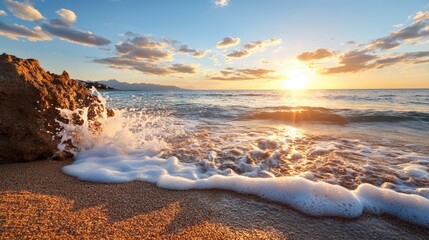 Serene Sunset Over Tranquil Ocean Waves at Sandy Beach
