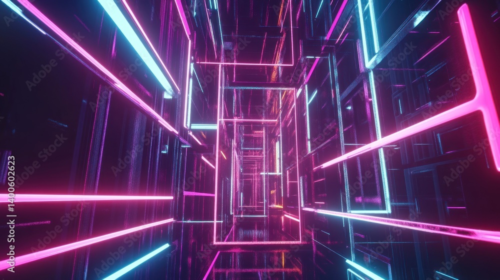 Poster a vibrant neon tunnel of intersecting geometric shapes.