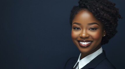 Smiling Black Woman Portrait in Business Suit on Dark Blue Background