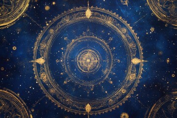 Ornate zodiac wheel with intricate gold patterns on a deep indigo cosmic background