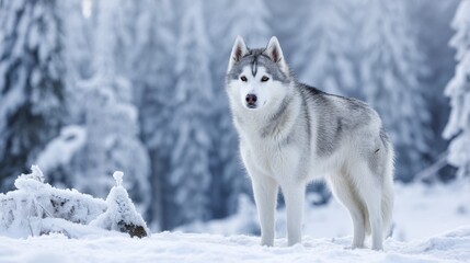 Naklejka premium A majestic Siberian Husky stands proudly in a snowy landscape, its thick fur gleaming - Shadow Wildlife Sky Arctic Frozen