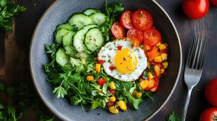 Fresh Vegetable Salad with Fried Egg and Colorful Ingredients