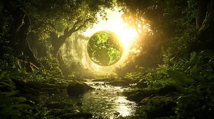 Fototapeta premium Lush forest, flowing stream, vibrant green planet. A serene, sunlit jungle scene with a central, verdant Earth, nestled within lush foliage and a tranquil stream. 