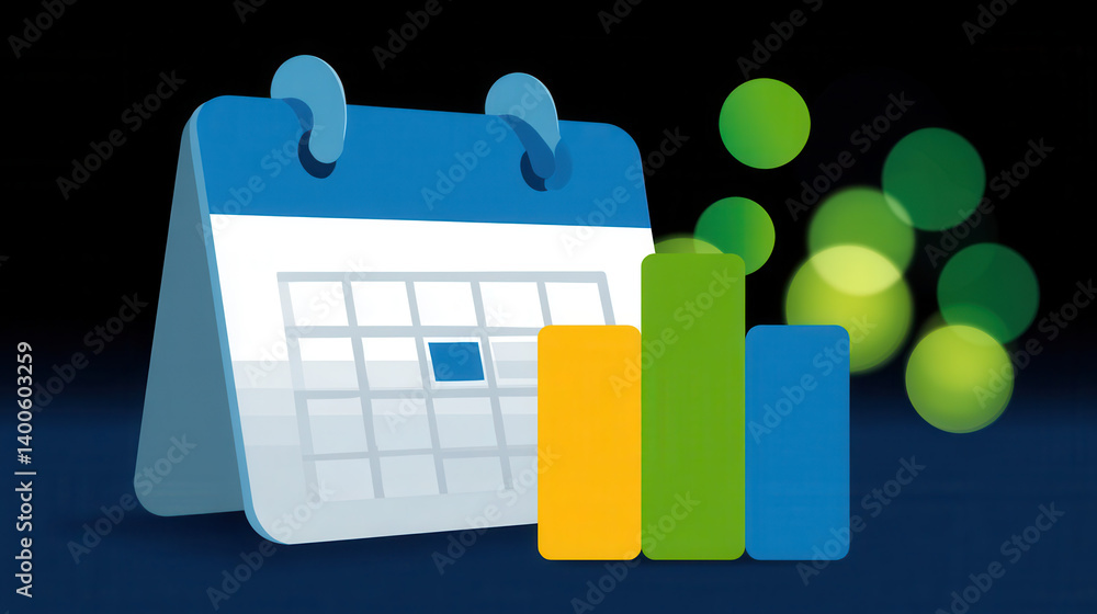 Poster calendar icon with colorful bar charts and glowing circles symbolizes financial reporting and data a