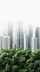 Fototapeta premium Urban forest, sustainable city. Lush green trees framing modern city skyline