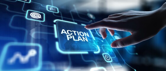 Action Plan Strategic Planning and Goal Setting, projection on a virtual screen, Business and...