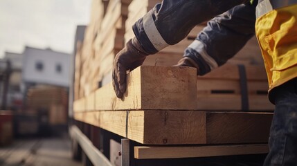 Construction worker unloading building materials from a truck. Featuring logistics and coordination