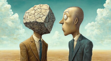 Communication Struggle Between Rock Head and Suit Man in Surreal Comic Expression