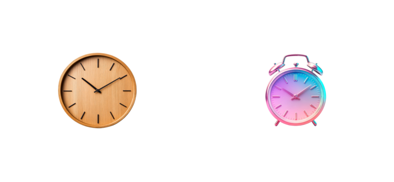 Two clocks with distinct designs on transparent background