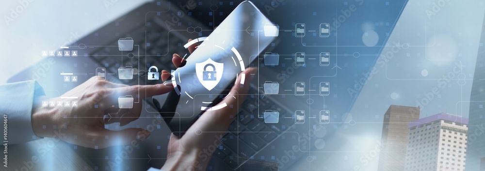 Poster advanced cybersecurity protection with encrypted file management.