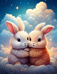 2 baby easter rabbits are hugging illustration on the background of sky
