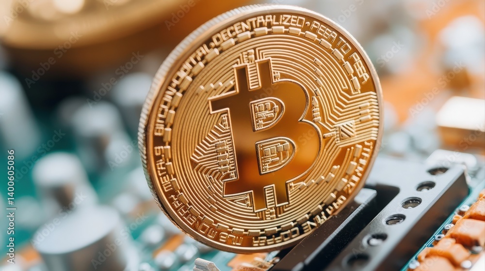 Poster golden bitcoin coin on circuit board background in close-up view