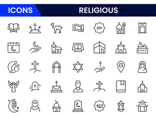Religious line icons collection. Big UI icon set in a flat design. Thin outline icons pack. Vector illustration