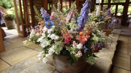 Fototapeta premium Intricate floral arrangement in a rustic vase - ceramic wildflowers autumn composition