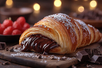 Photography decadent croissant filled with rich chocolate and dusted with