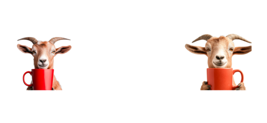 Goat holding a red mug enjoying a cozy moment