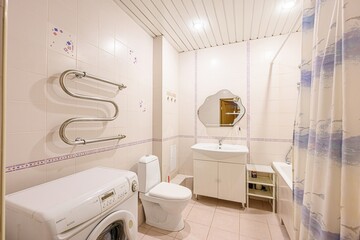 interior apartment room bathroom, sink, decorative elements, toilet