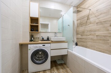 interior apartment room bathroom, sink, decorative elements, toilet