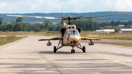 Military Helicopter on Tarmac at Sunny Day in Open Airfield