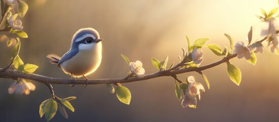 Obraz premium Serene morning scene showcasing a charming bird perched on a blossoming branch