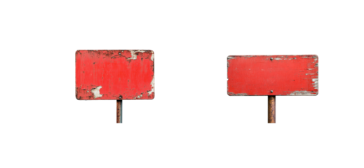 Old red signs with rusty poles on a transparent background