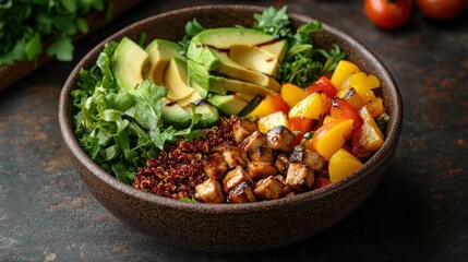 Healthy quinoa bowl with avocado, grilled vegetables, and tofu