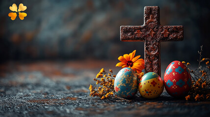 Festive easter celebration with gold eggs and a cross ornament, a seasonal decor object