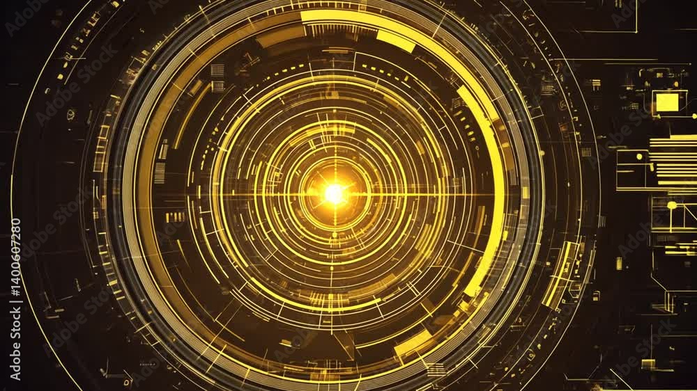 Poster futuristic technology interface with golden concentric circles and circuitry