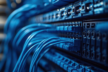 Row of servers with blue wires connected, glowing screens displaying data, technicians working diligently in a dimly lit data center.