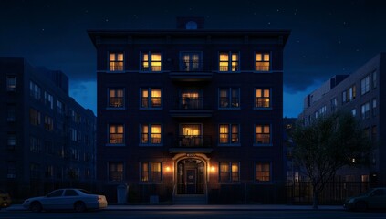 Urban apartment building at night