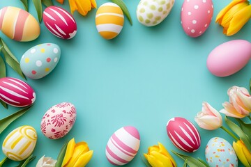 Fototapeta premium Colorful Easter Eggs and Tulips Frame a Light Teal Background